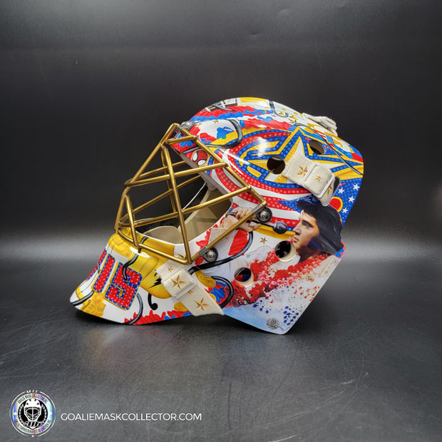 Elvis Merzlikins Signed Goalie Mask 2024 Columbus Blue Jackets "ELVIS PRESLEY Tribute" V1 Signature Edition Autographed + Gold Powder Coated Grill Tribute