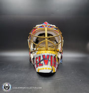 Elvis Merzlikins Signed Goalie Mask 2024 Columbus Blue Jackets "ELVIS PRESLEY Tribute" V1 Signature Edition Autographed + Gold Powder Coated Grill Tribute
