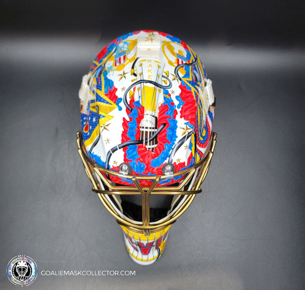 Elvis Merzlikins Signed Goalie Mask 2024 Columbus Blue Jackets "ELVIS PRESLEY Tribute" V1 Signature Edition Autographed + Gold Powder Coated Grill Tribute