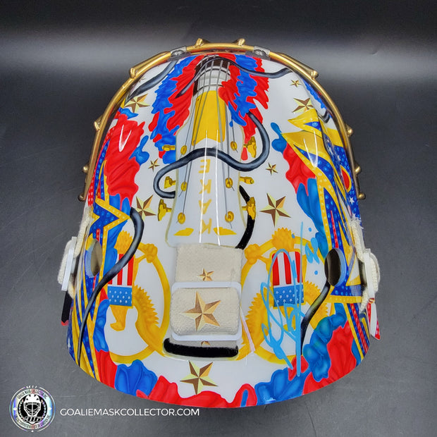 Elvis Merzlikins Signed Goalie Mask 2024 Columbus Blue Jackets "ELVIS PRESLEY Tribute" V1 Signature Edition Autographed + Gold Powder Coated Grill Tribute