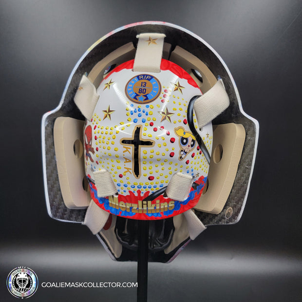 Elvis Merzlikins Signed Goalie Mask 2024 Columbus Blue Jackets "ELVIS PRESLEY Tribute" V1 Signature Edition Autographed + Gold Powder Coated Grill Tribute
