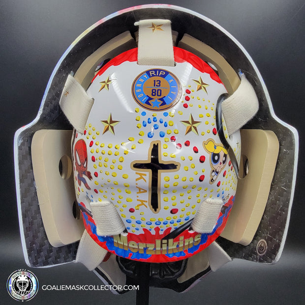 Elvis Merzlikins Signed Goalie Mask 2024 Columbus Blue Jackets "ELVIS PRESLEY Tribute" V1 Signature Edition Autographed + Gold Powder Coated Grill Tribute