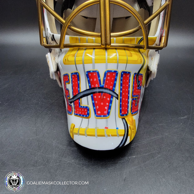 Elvis Merzlikins Signed Goalie Mask 2024 Columbus Blue Jackets "ELVIS PRESLEY Tribute" V1 Signature Edition Autographed + Gold Powder Coated Grill Tribute