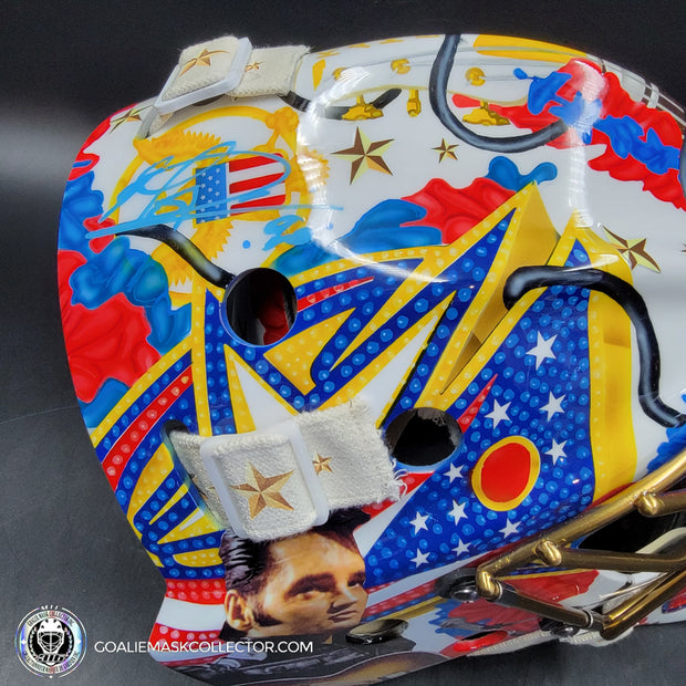 Elvis Merzlikins Signed Goalie Mask 2024 Columbus Blue Jackets "ELVIS PRESLEY Tribute" V1 Signature Edition Autographed + Gold Powder Coated Grill Tribute