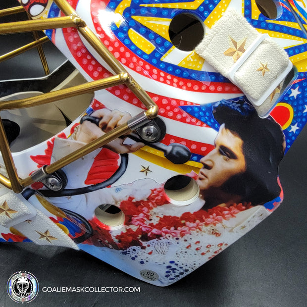 Elvis Merzlikins Signed Goalie Mask 2024 Columbus Blue Jackets "ELVIS PRESLEY Tribute" V1 Signature Edition Autographed + Gold Powder Coated Grill Tribute