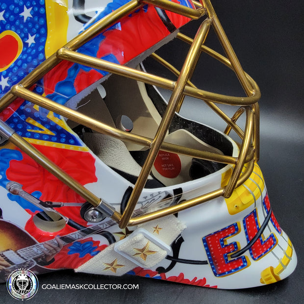Elvis Merzlikins Signed Goalie Mask 2024 Columbus Blue Jackets "ELVIS PRESLEY Tribute" V1 Signature Edition Autographed + Gold Powder Coated Grill Tribute