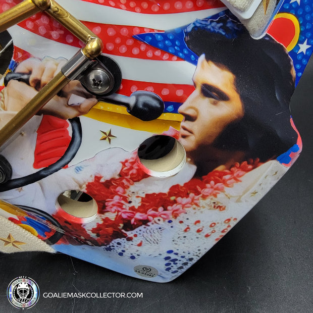 Elvis Merzlikins Signed Goalie Mask 2024 Columbus Blue Jackets "ELVIS PRESLEY Tribute" V1 Signature Edition Autographed + Gold Powder Coated Grill Tribute