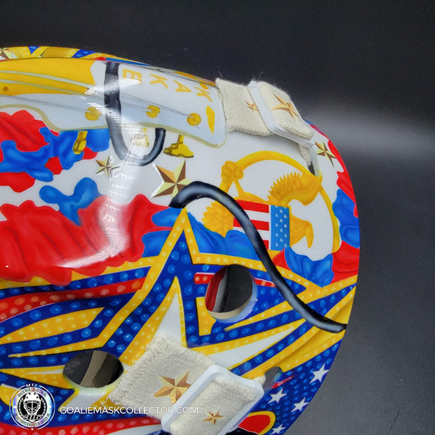 Elvis Merzlikins Signed Goalie Mask 2024 Columbus Blue Jackets "ELVIS PRESLEY Tribute" V1 Signature Edition Autographed + Gold Powder Coated Grill Tribute