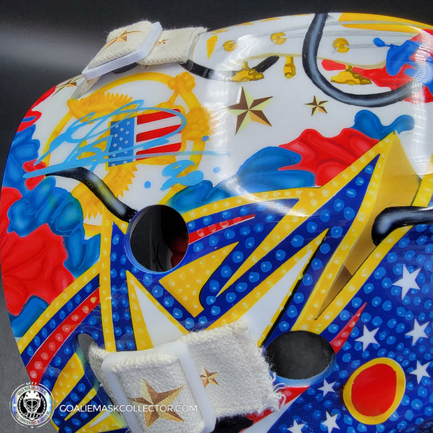 Elvis Merzlikins Signed Goalie Mask 2024 Columbus Blue Jackets "ELVIS PRESLEY Tribute" V1 Signature Edition Autographed + Gold Powder Coated Grill Tribute