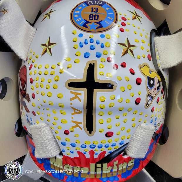Elvis Merzlikins Signed Goalie Mask 2024 Columbus Blue Jackets "ELVIS PRESLEY Tribute" V1 Signature Edition Autographed + Gold Powder Coated Grill Tribute