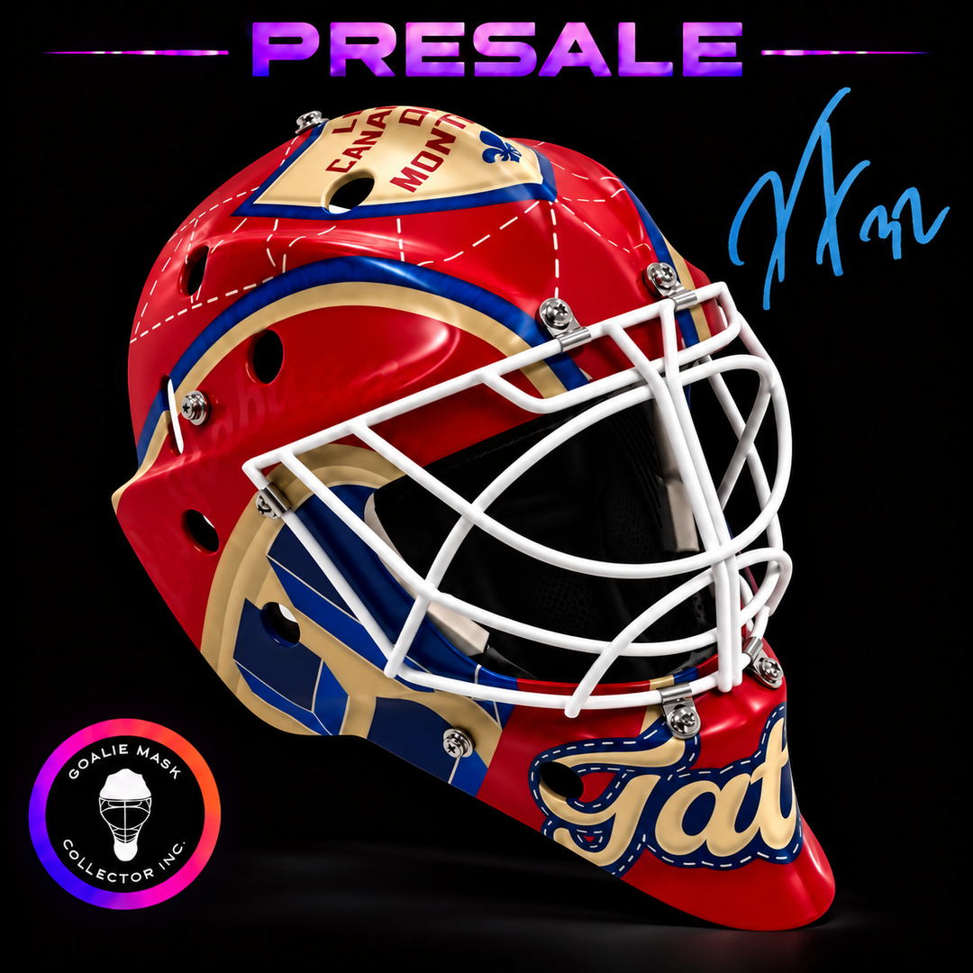 Jacob Fowler Montreal Heritage goalie mask presale with autograph graphic