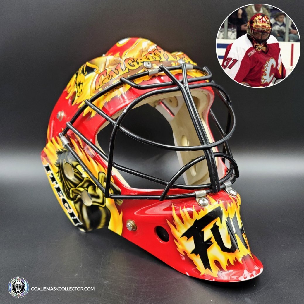 Grant Fuhr Game Worn Goalie Mask Calgary Flames Itech 1999-2000 Season Game Used Painted By Frank Cipra AS-02896
