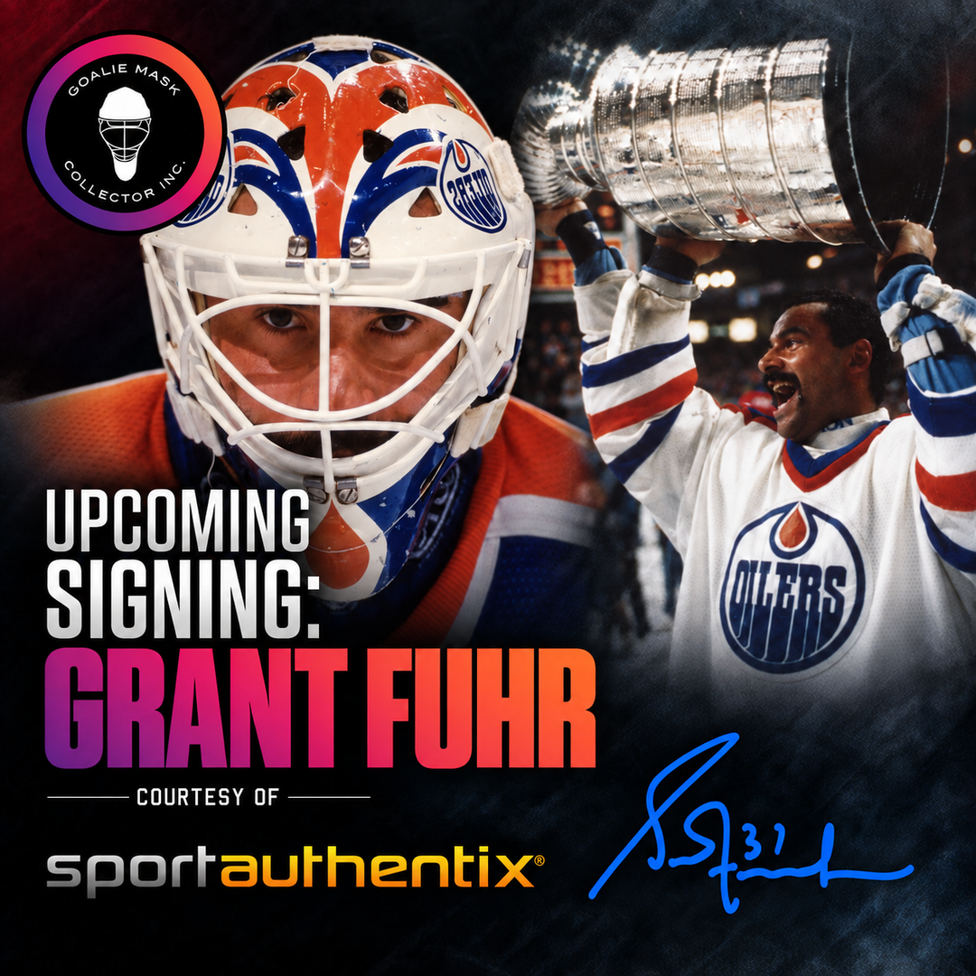 Grant Fuhr upcoming autograph signing with SportAuthentix, featuring his Edmonton goalie mask and Stanley Cup celebration | Goalie Mask Collector