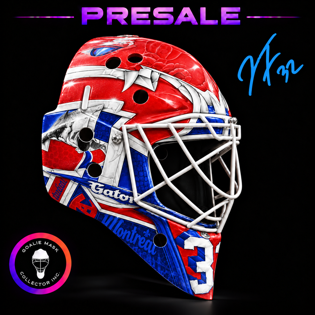 Jacob Fowler Signed Goalie Mask 2027 Montreal Red Alligator Signature Edition Autographed Tribute presale mockup
