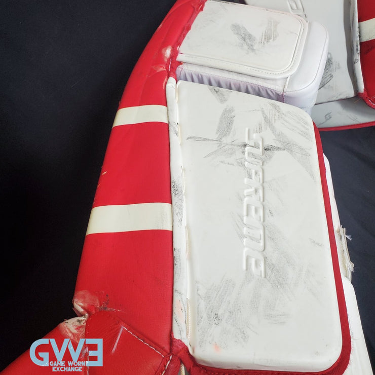 Jake Oettinger Game Worn Used Goalie Pads & Glove Set 2018-19 Boston University BU Last Season AS-03151