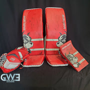 Jake Oettinger Game Worn Used Goalie Pads & Glove Set 2018-19 Boston University BU Last Season AS-03151