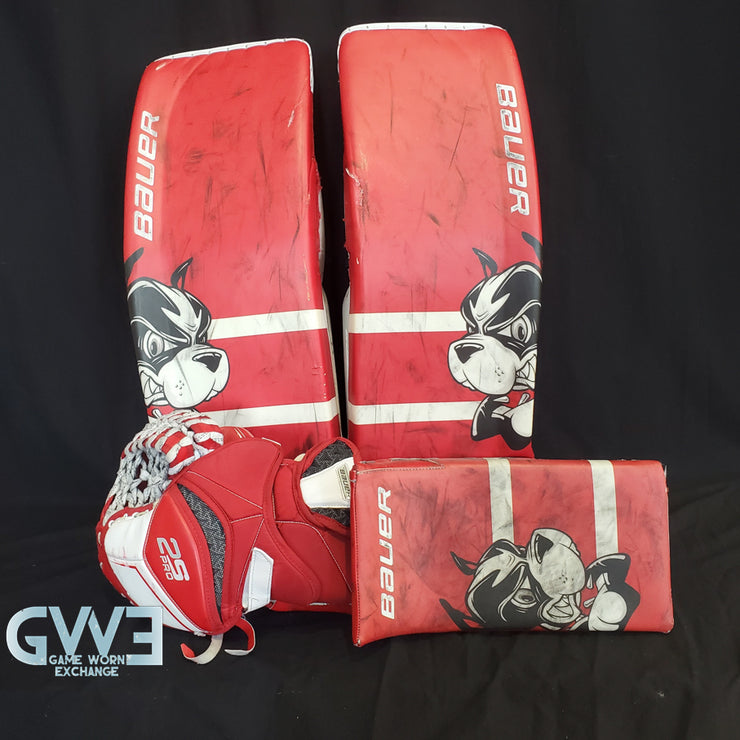Jake Oettinger Game Worn Used Goalie Pads & Glove Set 2018-19 Boston University BU Last Season AS-03151