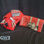 Jake Oettinger Game Worn Used Goalie Pads & Glove Set 2018-19 Boston University BU Last Season AS-03151