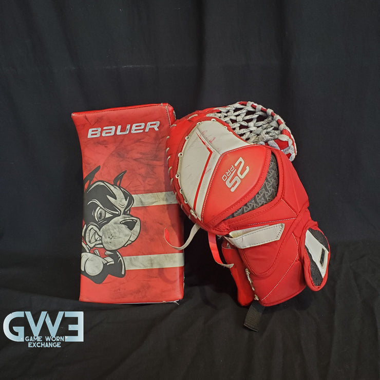 Jake Oettinger Game Worn Used Goalie Pads & Glove Set 2018-19 Boston University BU Last Season AS-03151