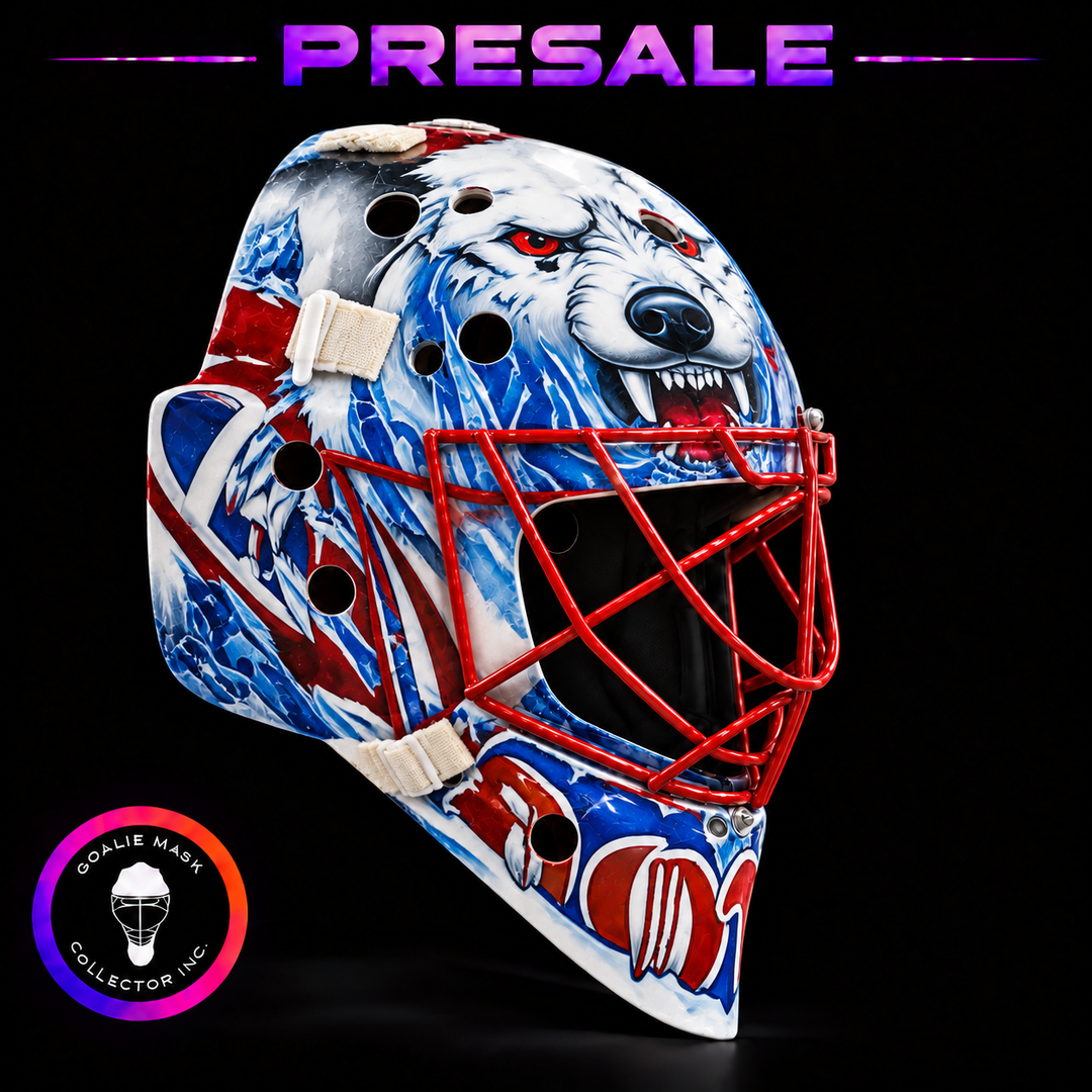 Jakub Dobes unsigned 2027 Montreal Tribute goalie mask with polar bear artwork and red cage