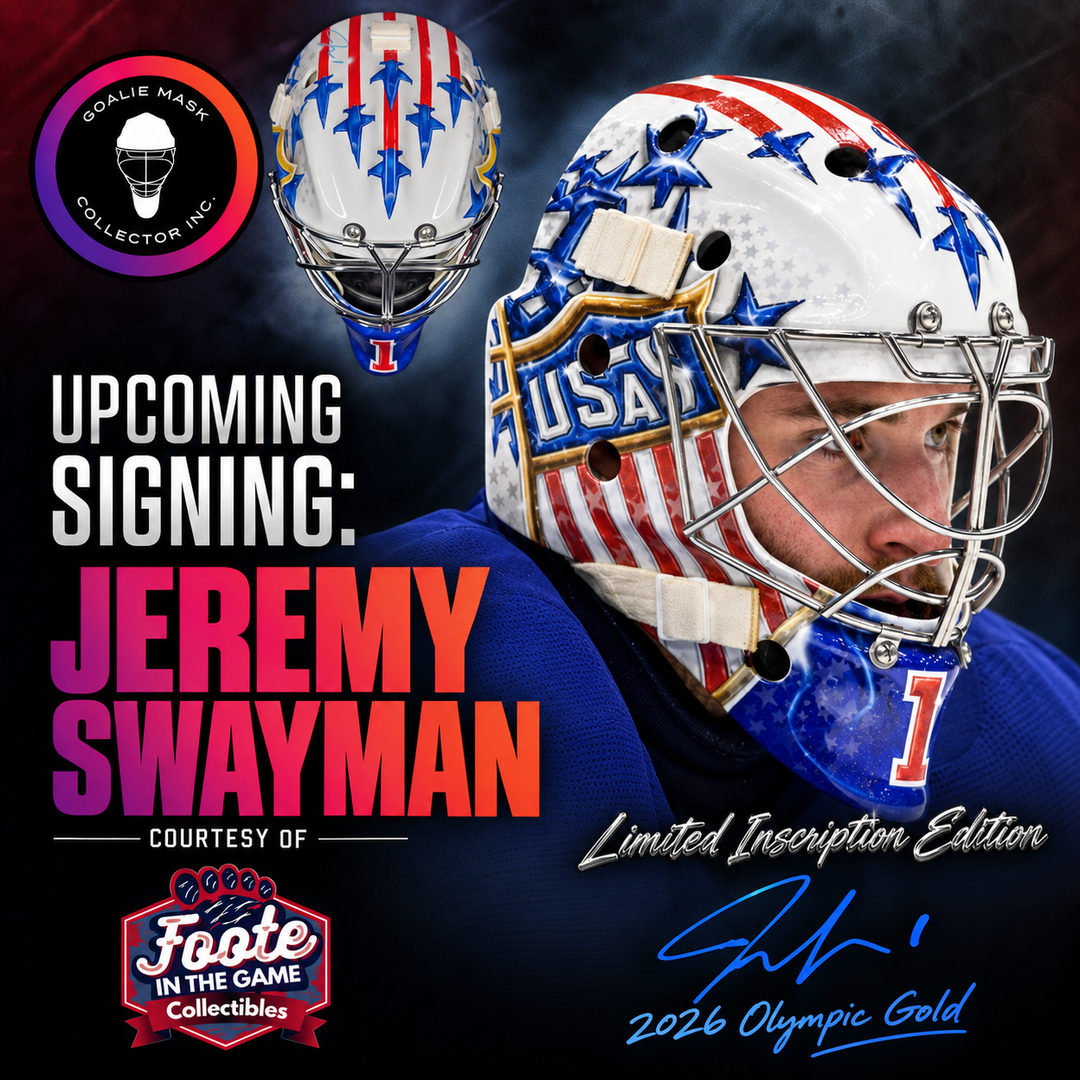 Autograph signing image: Jeremy Swayman Goalie Mask Team USA 2026 Olympic Gold Limited Inscription Edition. Goalie Mask Collector.