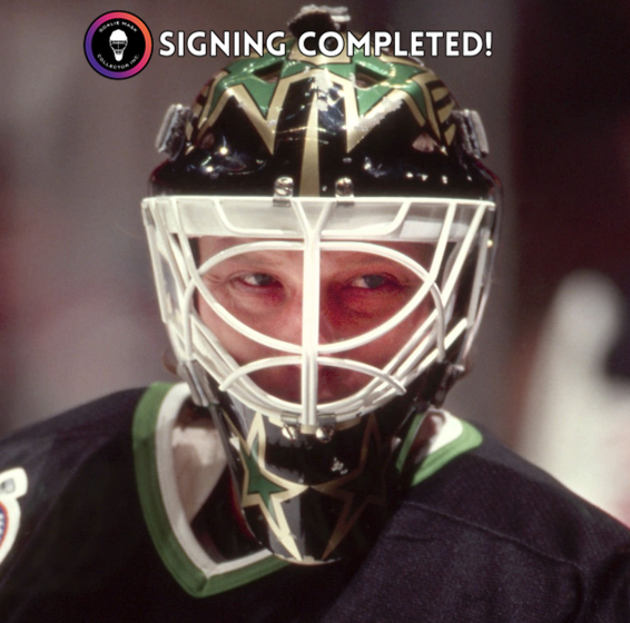 Autograph signing promotional graphic for Jon Casey Signed Goalie Mask Signature Edition Tribute. Goalie Mask Collector.