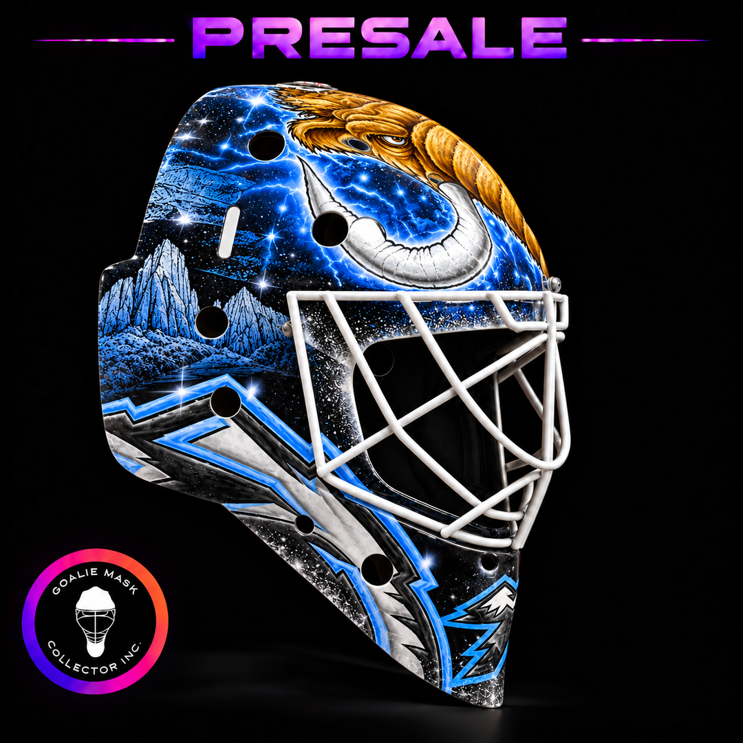 Karel Vejmelka unsigned 2027 Utah tribute goalie mask with mammoth artwork and white cage. Goalie Mask Collector.
