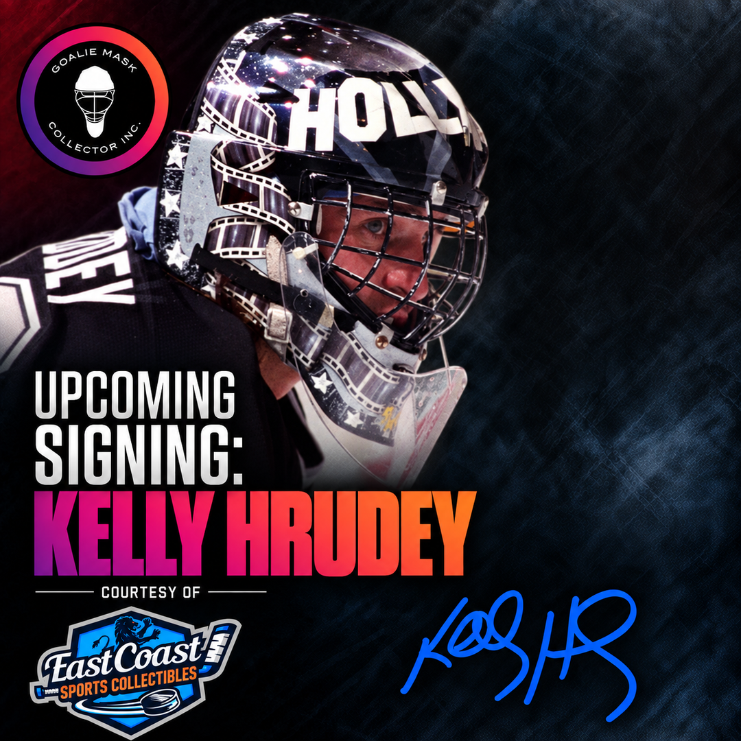 Kelly Hrudey upcoming autograph signing featuring his Los Angeles Hollywood goalie mask, courtesy of East Coast Sports Collectibles | Goalie Mask Collector