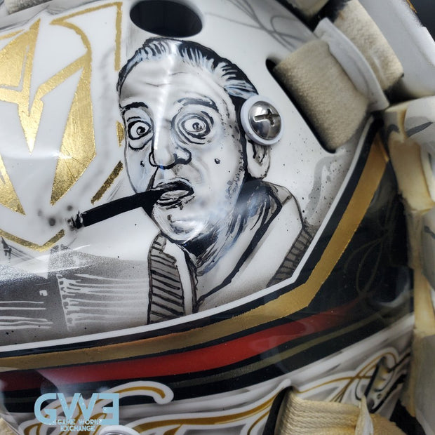 Logan Thompson Game Worn Goalie Mask 2021-22 Las Vegas Golden Knights Painted by Dave Fried Friedesigns on Bauer Shell Photomatched AS-03152