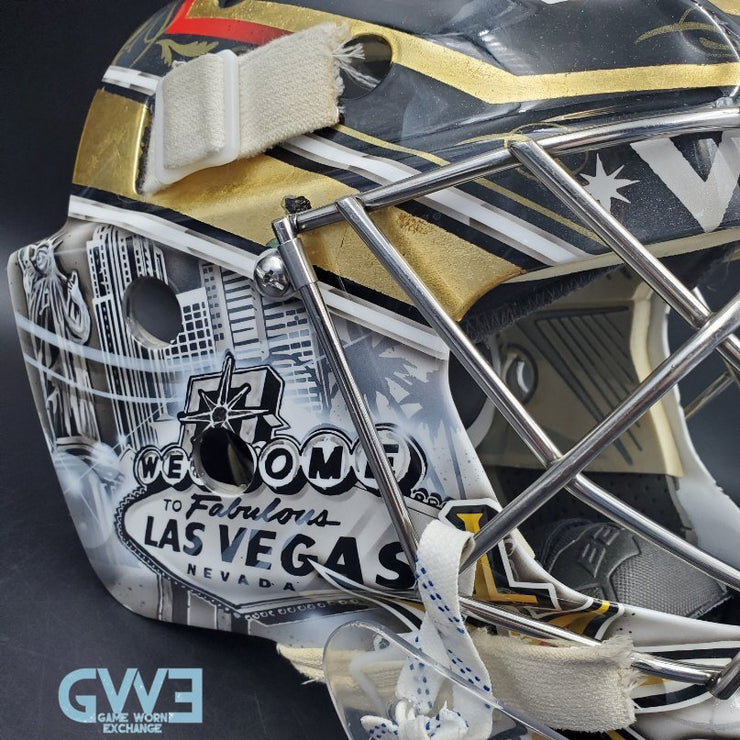 Logan Thompson Game Worn Goalie Mask 2021-22 Las Vegas Golden Knights Painted by Dave Fried Friedesigns on Bauer Shell Photomatched AS-03152