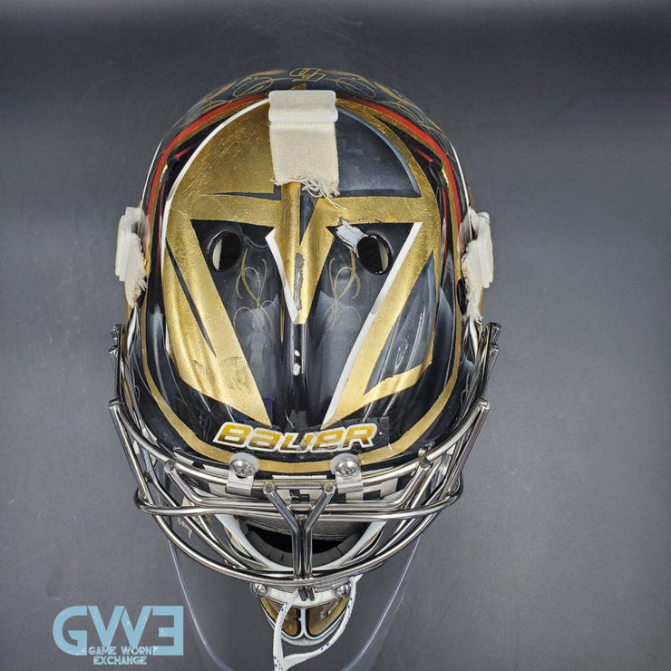 Logan Thompson Game Worn Goalie Mask 2021-22 Las Vegas Golden Knights Painted by Dave Fried Friedesigns on Bauer Shell Photomatched AS-03152