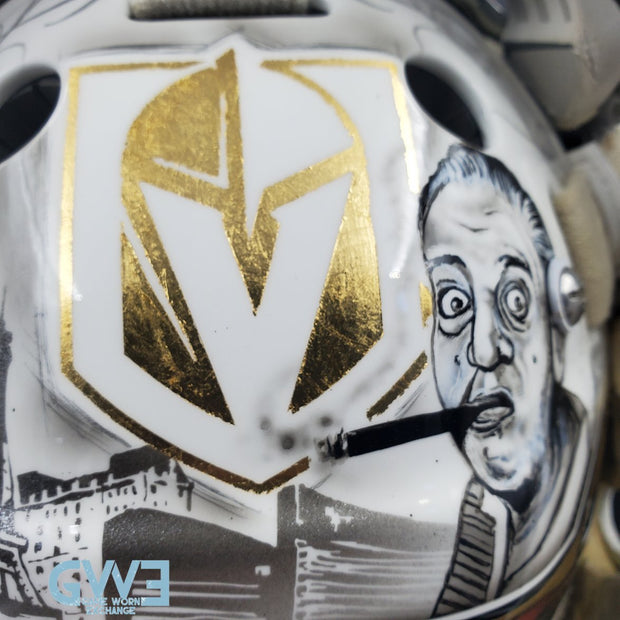 Logan Thompson Game Worn Goalie Mask 2021-22 Las Vegas Golden Knights Painted by Dave Fried Friedesigns on Bauer Shell Photomatched AS-03152