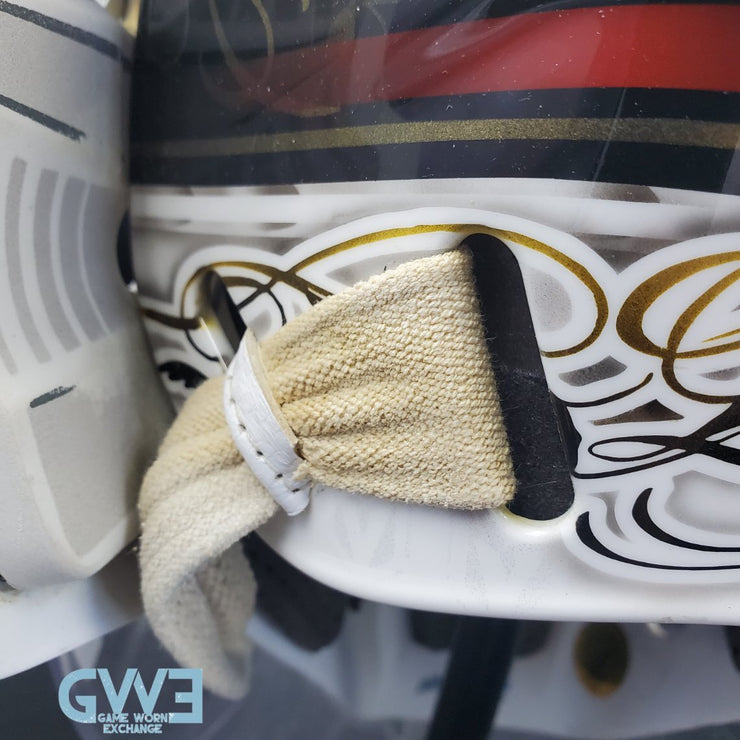 Logan Thompson Game Worn Goalie Mask 2021-22 Las Vegas Golden Knights Painted by Dave Fried Friedesigns on Bauer Shell Photomatched AS-03152