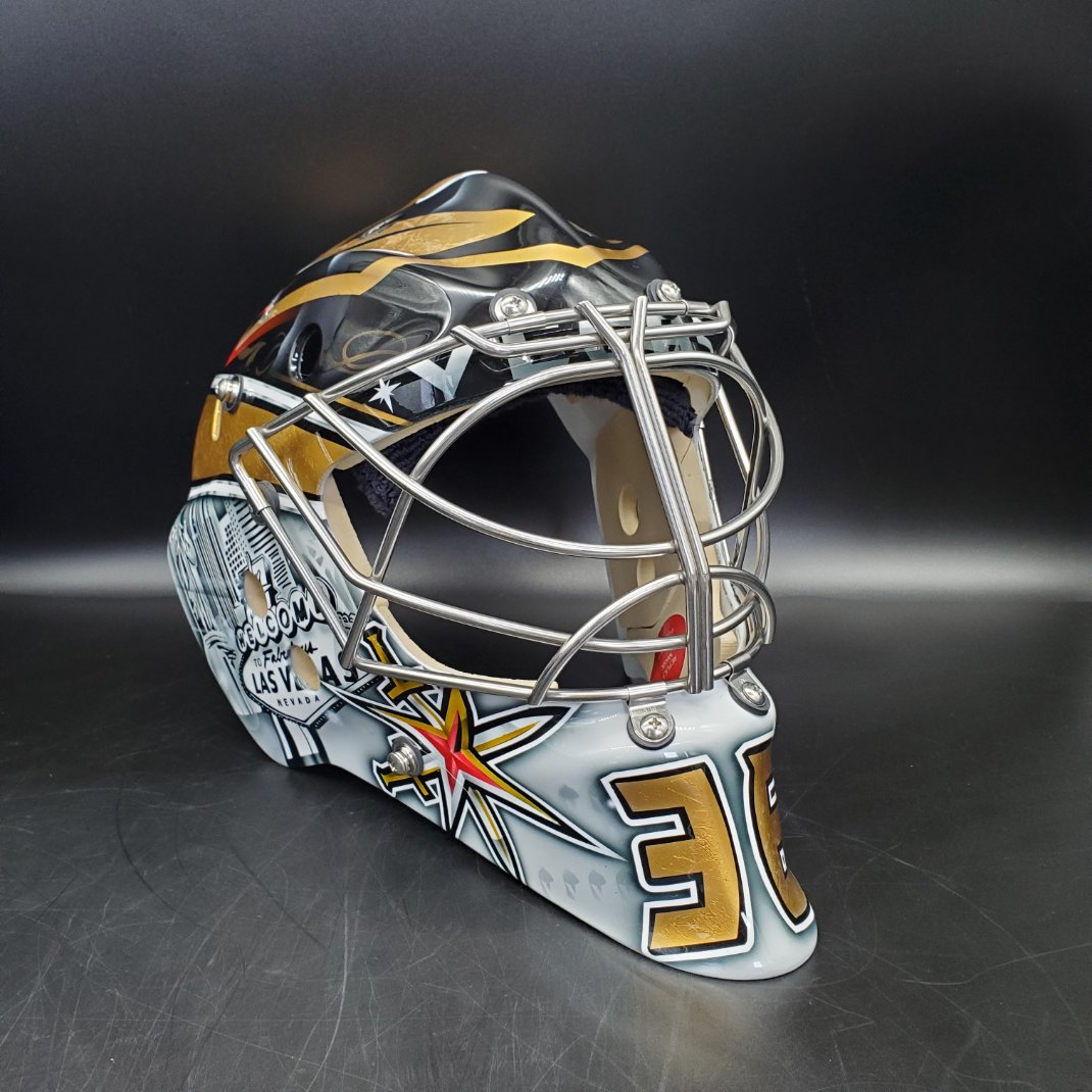Logan Thompson Goalie Mask Unsigned Las Vegas 2022 Tribute + 24k Gold Plated Grill