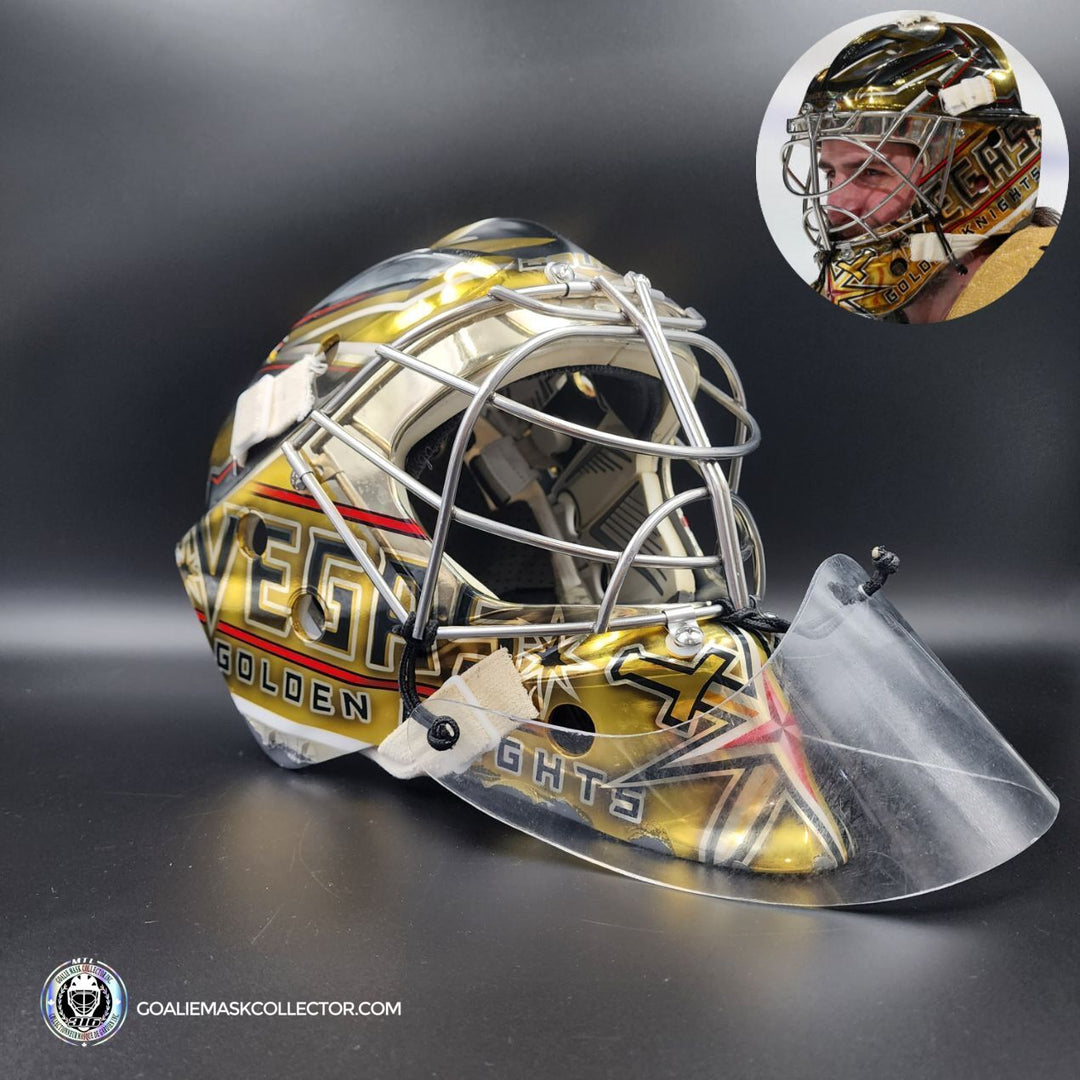 Logan Thompson Game Worn Goalie Mask 2022-23 Las Vegas Golden Knights Cup Championship Year Painted by Dave Fried Friedesigns on Bauer Shell Photomatched AS-02838-SOLD