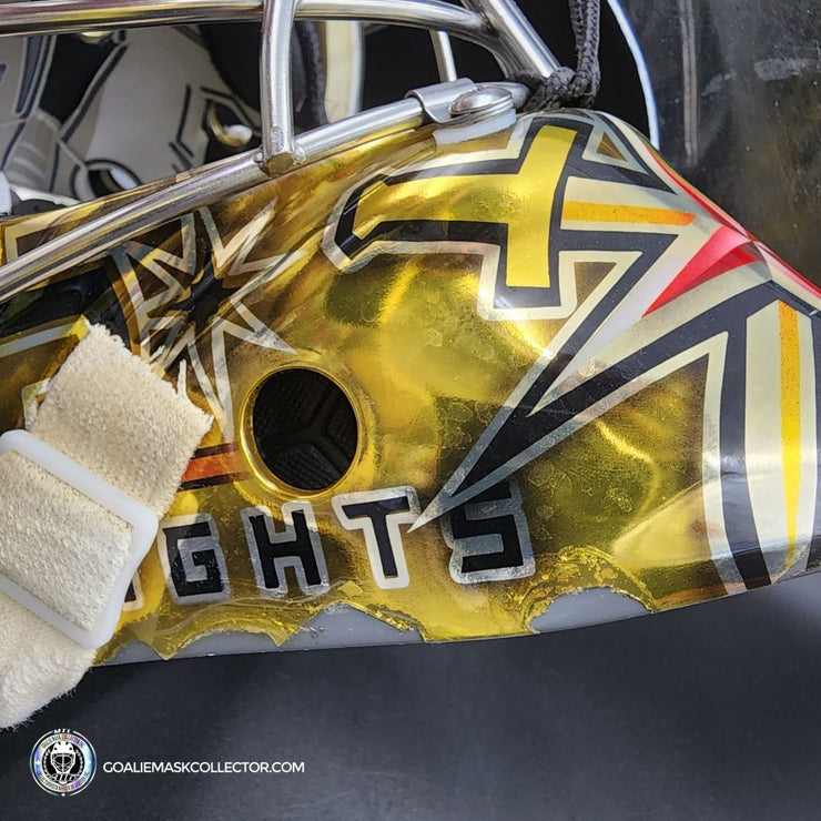Logan Thompson Game Worn Goalie Mask 2022-23 Las Vegas Golden Knights Stanley Cup Championship Year Painted by Dave Fried Friedesigns on Bauer Shell Photomatched AS-02838