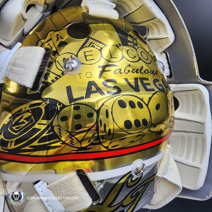 Logan Thompson Game Worn Goalie Mask 2022-23 Las Vegas Golden Knights Stanley Cup Championship Year Painted by Dave Fried Friedesigns on Bauer Shell