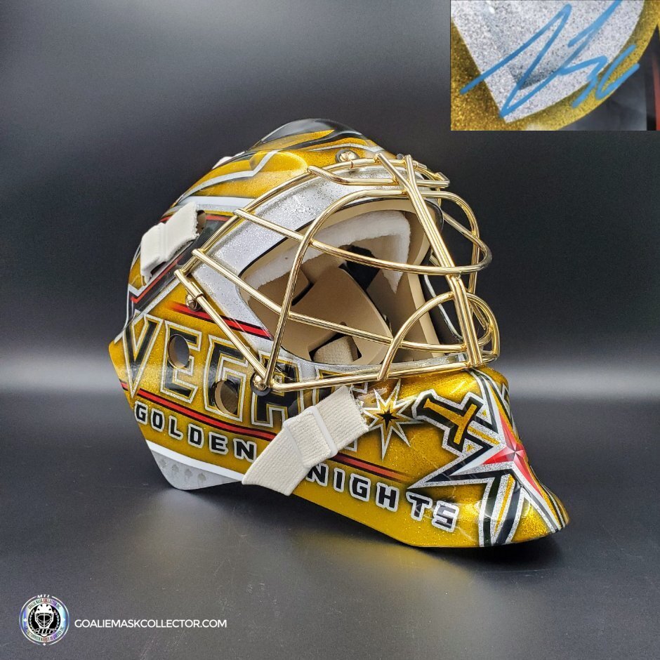 Logan Thompson Signed Goalie Mask Las Vegas 2023 Signature Edition and 24K Gold Plated Grill. Goalie Mask Collector.
