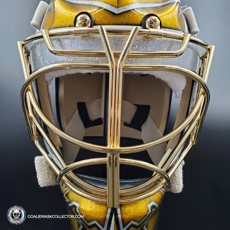 Logan Thompson Goalie Mask Unsigned Las Vegas 2023 Tribute + 24k Gold Plated Grill