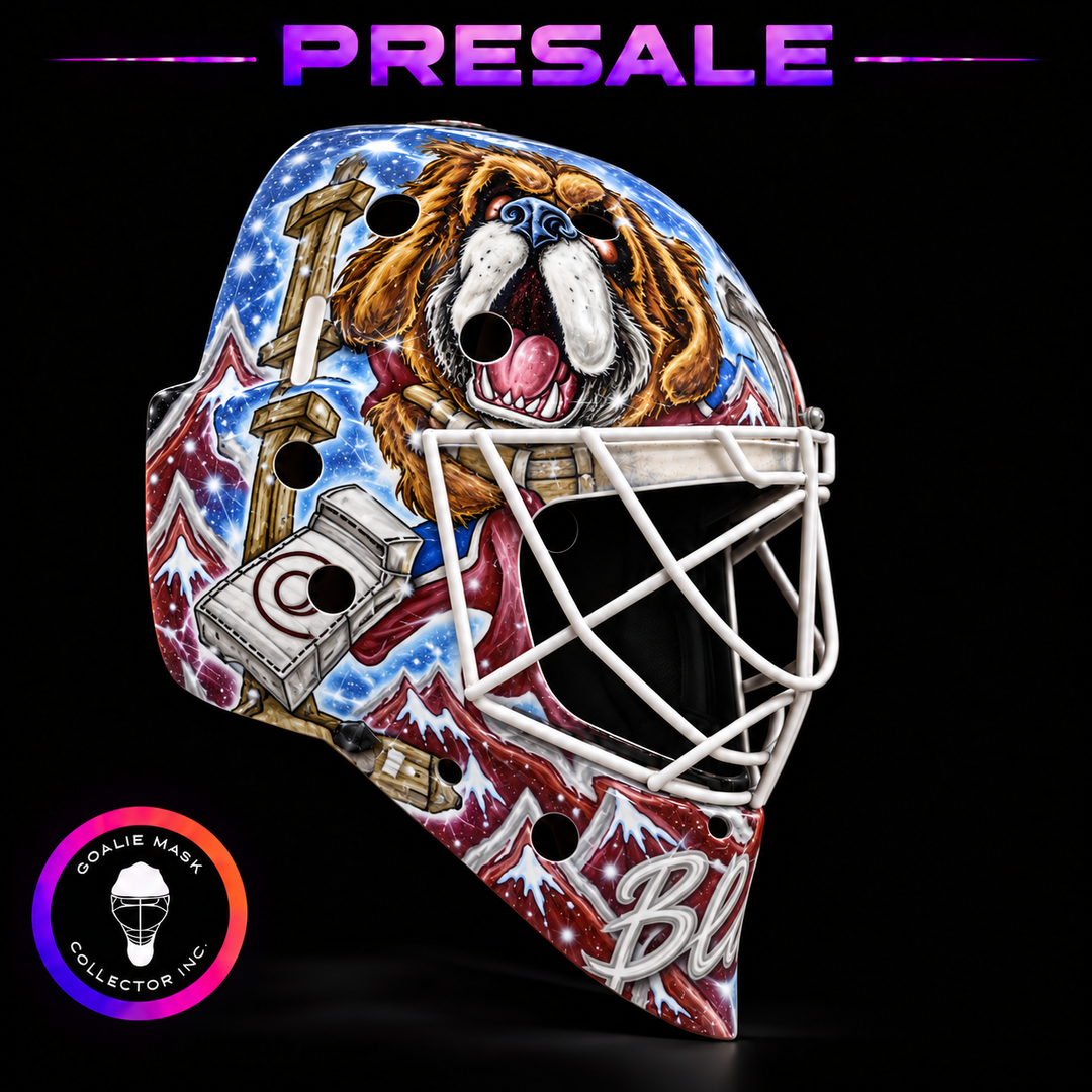 Mackenzie Blackwood 2025 Colorado Dog unsigned tribute goalie mask with Bernie the Saint Bernard, snowy mountains and a white cage, by Goalie Mask Collector.