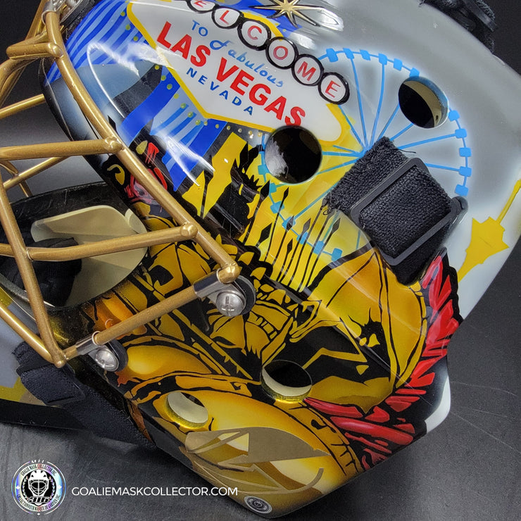 Marc-Andre Fleury Goalie Mask Unsigned 2017 Las Vegas First Year Edition Tribute + Powder Coated Gold Grill