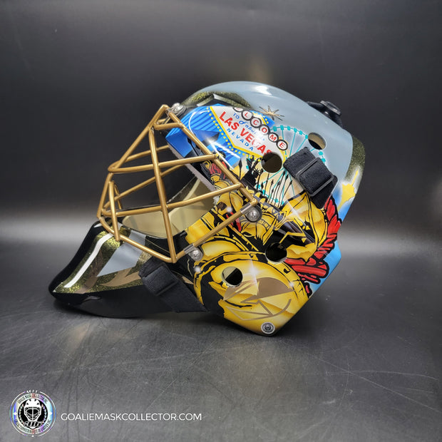 Marc-Andre Fleury Goalie Mask Unsigned 2020 Las Vegas Tribute + Powder Coated Gold Grill