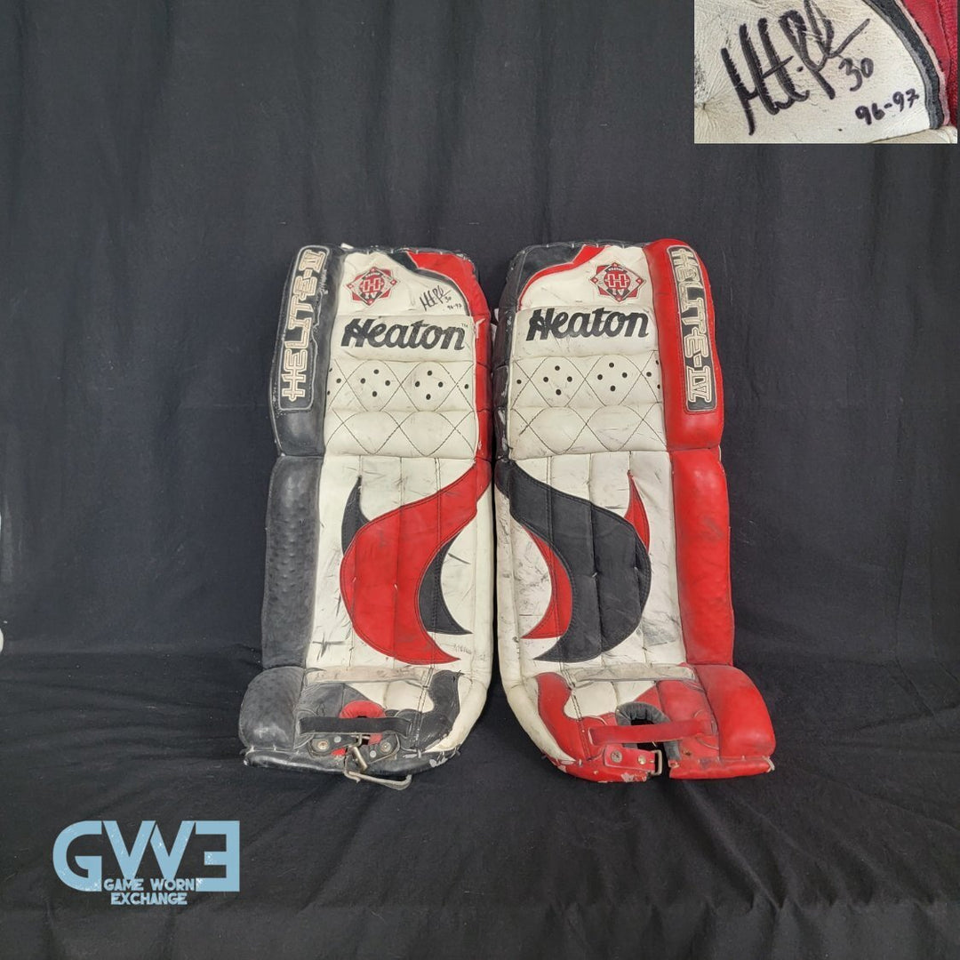 Martin Brodeur Game Used Goalie Pads 1996-97 New Jersey Devils Heaton Helite IV Photo-Matched AS-03492-SOLD