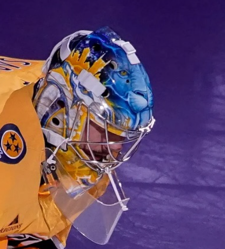 Goalie wearing the mask in a reference photo for Juuse Saros Signed Goalie Mask 2025 26 Nashville Signature Edition. Goalie Mask Collector.