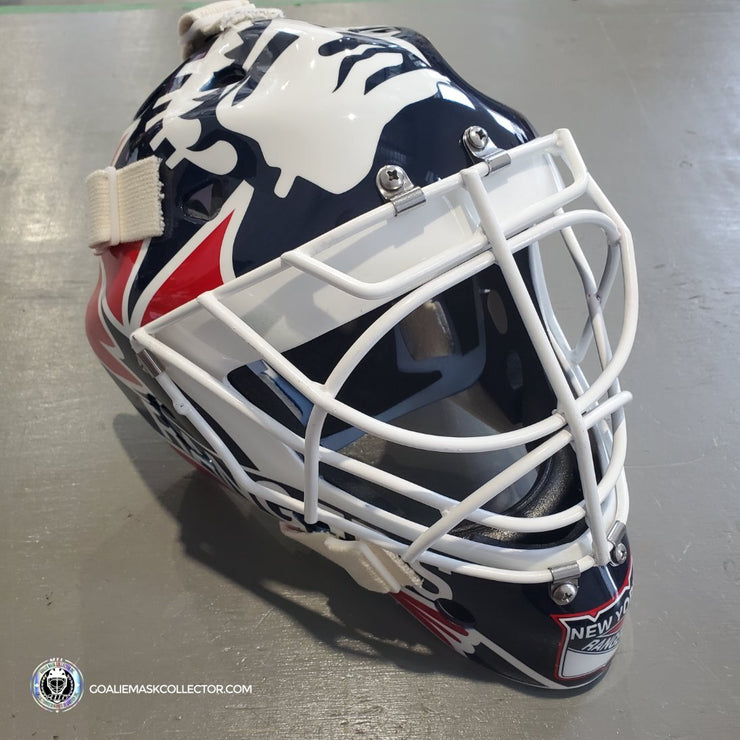 Mike Richter Ed Cubberly Goalie Mask Game Worn By Jon Hillebrandt AHL Refurbished Signed by Mike Richter And Jon Hillebrandt - AS-02320