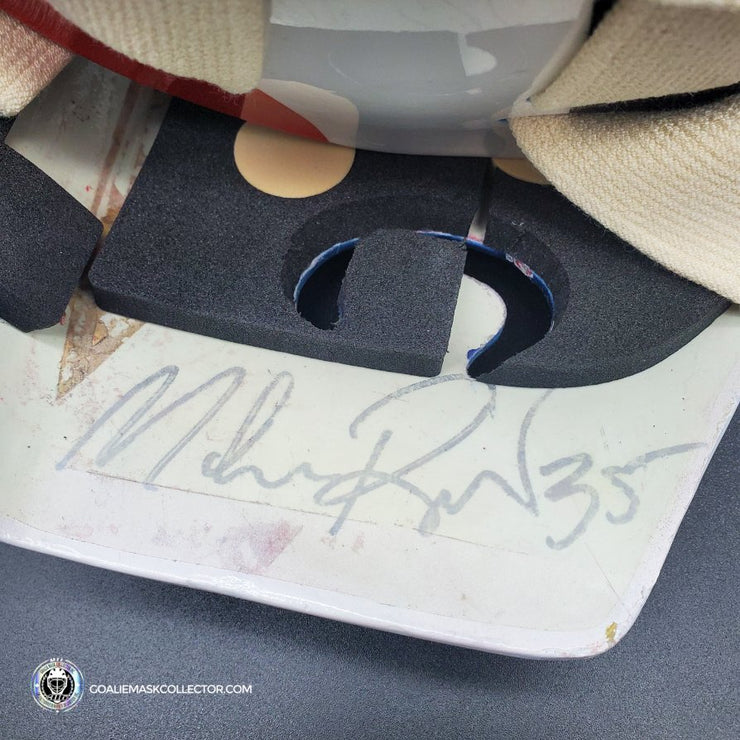 Mike Richter Ed Cubberly Goalie Mask Game Worn By Jon Hillebrandt AHL Refurbished Signed by Mike Richter And Jon Hillebrandt - AS-02320