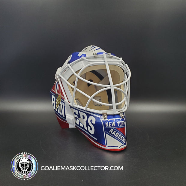 Mike Richter Goalie Mask Game Ready New York Rangers 1999-2000 Bauer Pros Choice Dom Malerba Shell Painted By Ron Slater