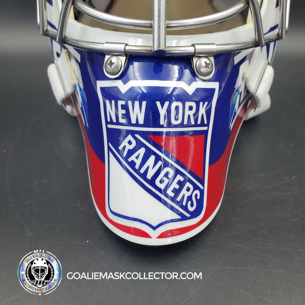 Mike Richter Goalie Mask Game Ready New York Rangers 2002-03 Made by Gary Warwick Painted By Ron Slater