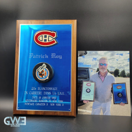 Patrick Roy Plaque Award Puck Game Used 1993 Montreal Canadiens Signed 20th Career Shutout AS-03202
