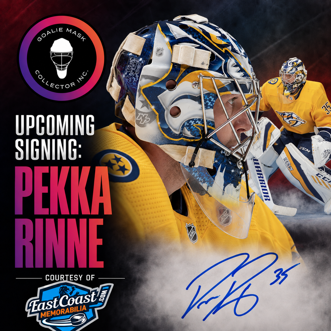 Pekka Rinne upcoming signing graphic featuring a large Nashville Predators mask closeup, smaller goalie stance and blue autograph, by Goalie Mask Collector.